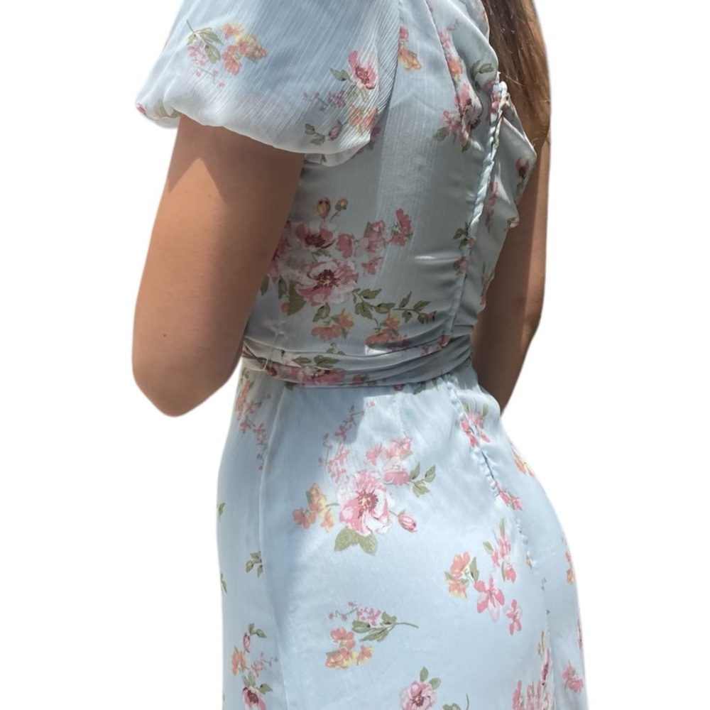 Altar'd State Size XS Blue Floral One Shoulder Puff Sleeve Belted Midi Dress - Picture 5 of 7